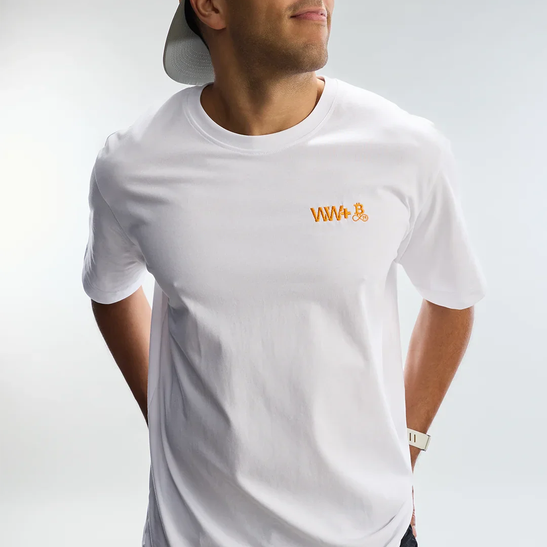 WeWill+ Bitcoin21 T-Shirt weiss, Studioaufnahme der Privacy-Kollektion