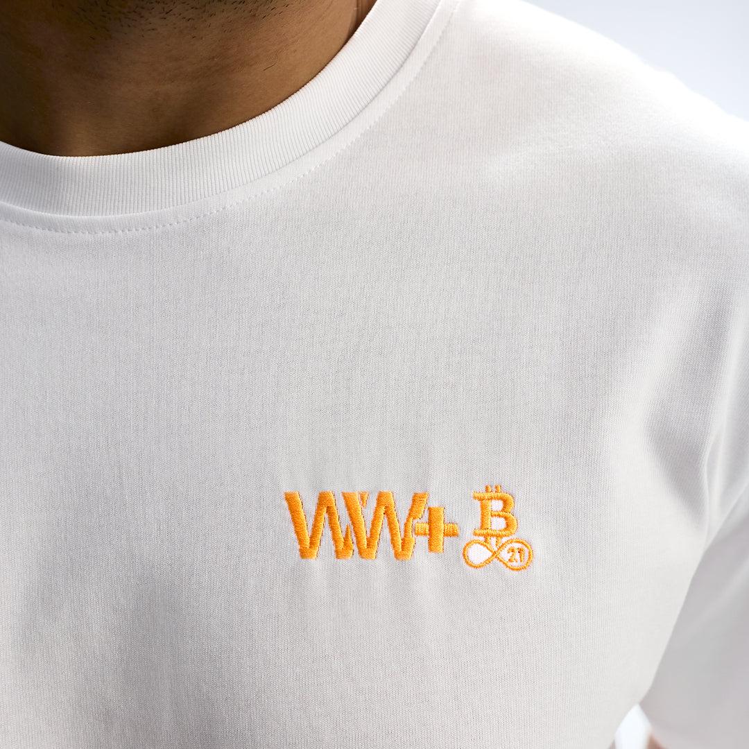 T-shirt Bitcoin WeWill+ White– vista frontale foto prodotto in Bianco