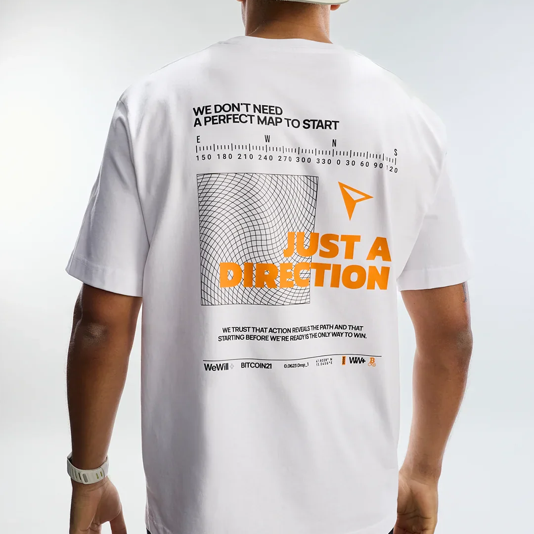 WeWill+ Bitcoin21 T-Shirt weiss, Detail mit ton-in-ton Privacy-Stickerei