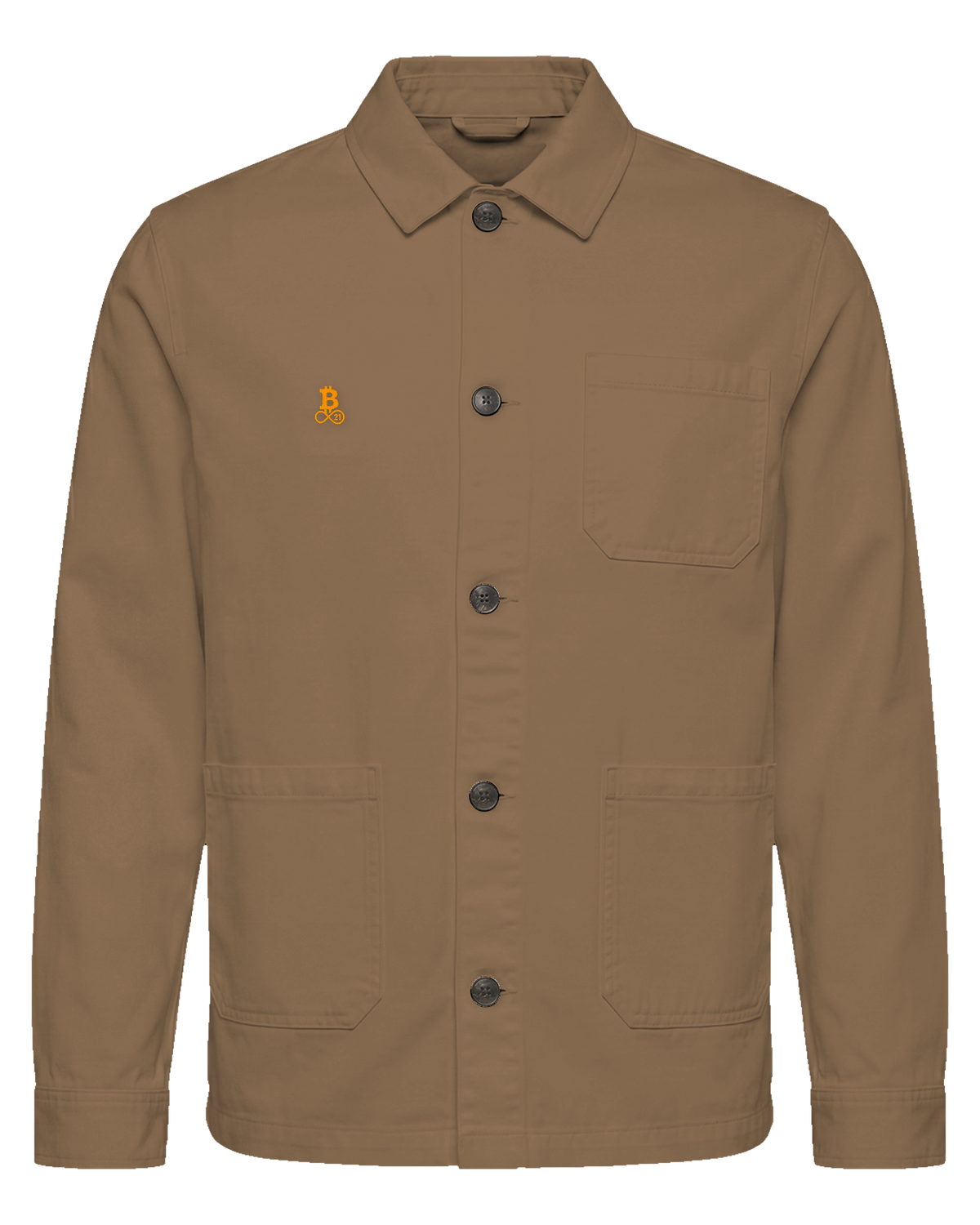 Bitcoin Worker Jacket in Washed Dark Camel – GOTS-Bio-Baumwoll-Twill mit gesticktem Bitcoin21-Logo