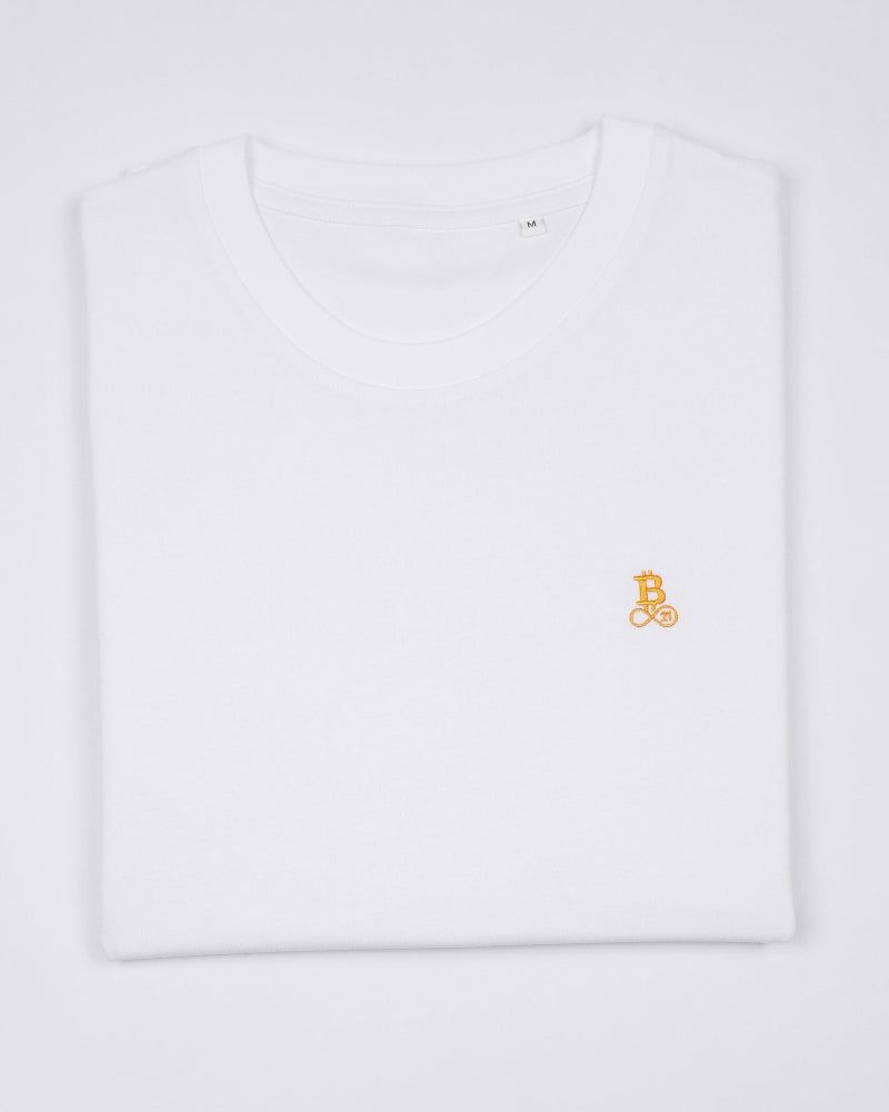 Bitcoin Basic T-Shirt with embroidered logo in White, minimalist design and high quality.
