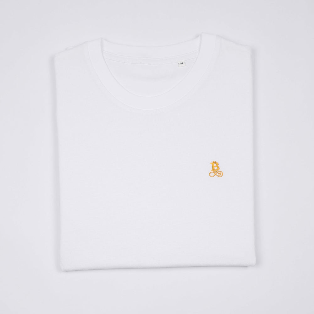 T-shirt Basic Bitcoin con logo ricamato in Bianco, design minimalista e alta qualità.