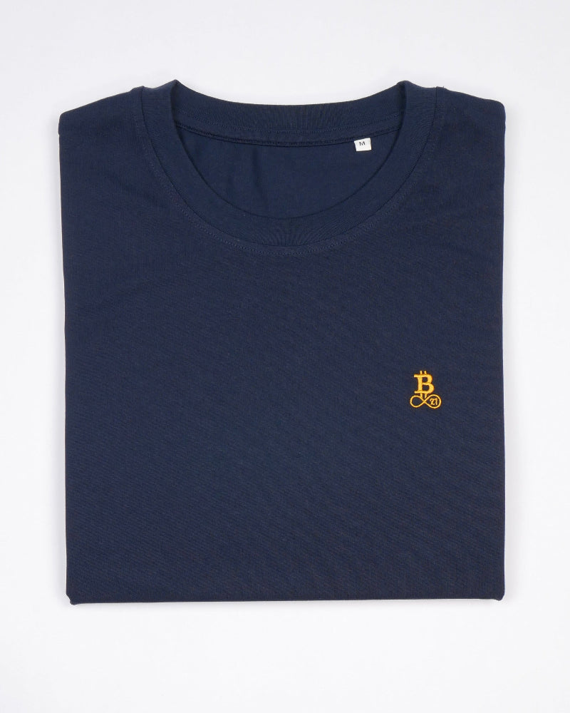 Bitcoin Basic T-Shirt with embroidered logo in navy blue, minimalist design and high quality.