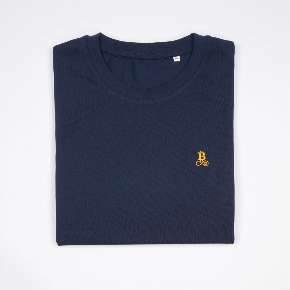 T-shirt Basic Bitcoin con logo ricamato in blu navy, design minimalista e alta qualità.