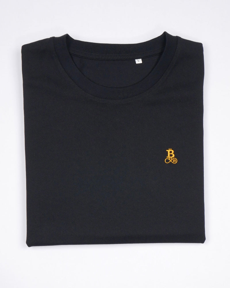 Bitcoin Basic T-Shirt with embroidered logo in Black, minimalist design and high quality.