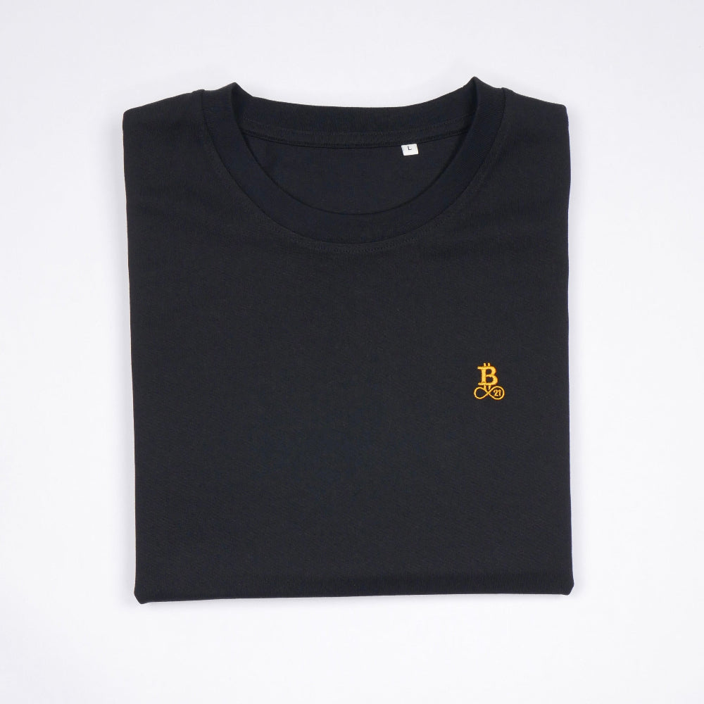 T-shirt Basic Bitcoin con logo ricamato in Nero, design minimalista e alta qualità.