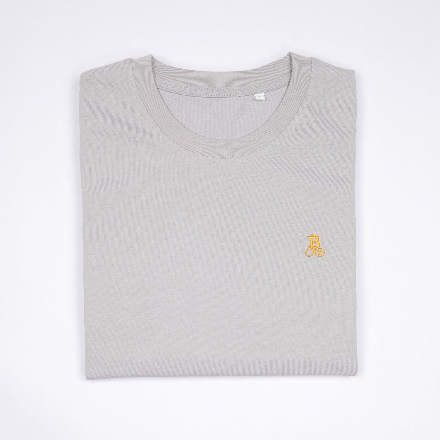 T-shirt Basic Bitcoin con logo ricamato in Grigio, design minimalista e alta qualità.
