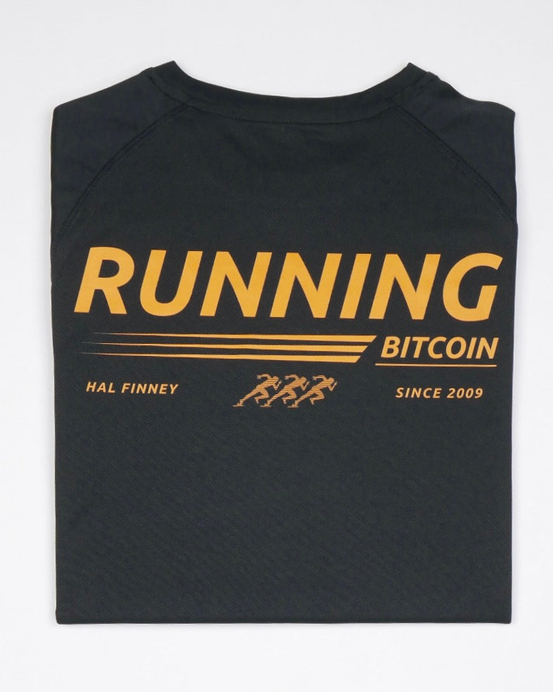 Bitcoin running shirt - Running Bitcoin in black, flat lay, back print
