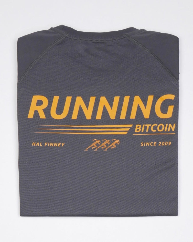 Bitcoin running shirt - Running Bitcoin in dark grey, flat lay, back print