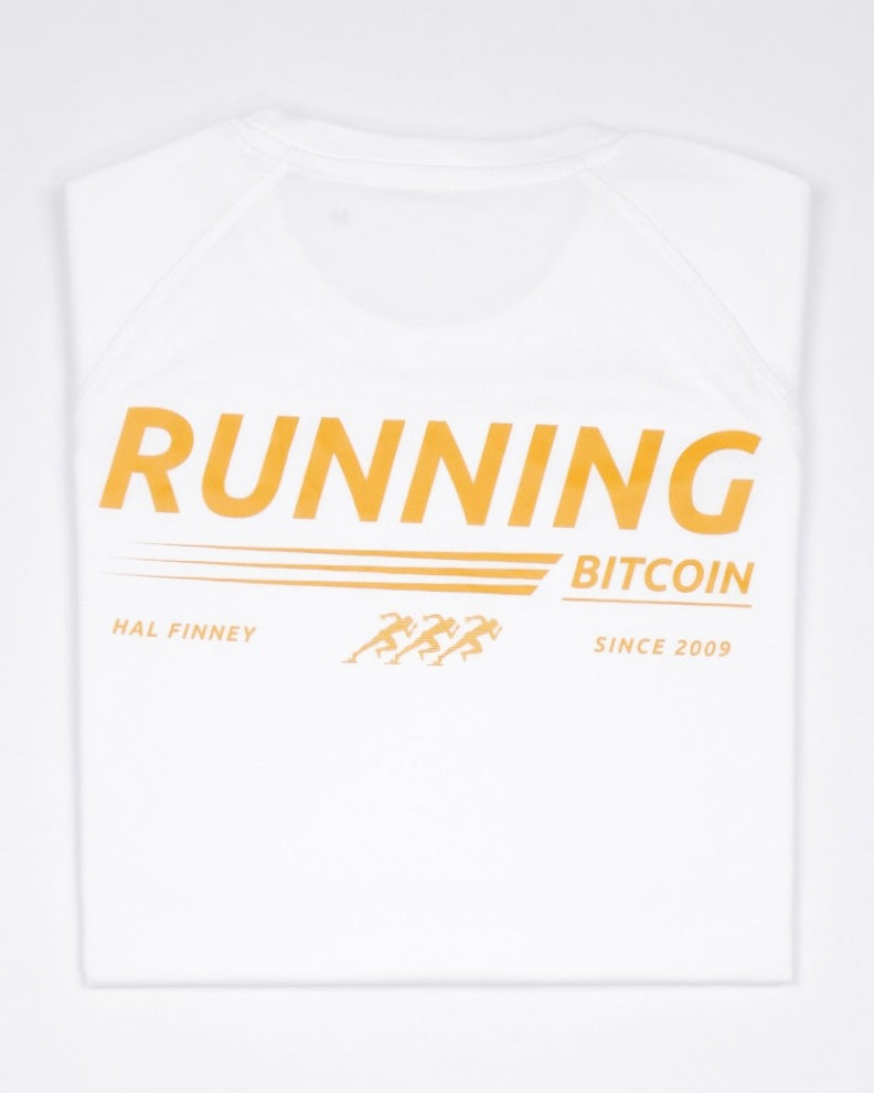 Bitcoin running shirt - Running Bitcoin in white, flat lay, back print