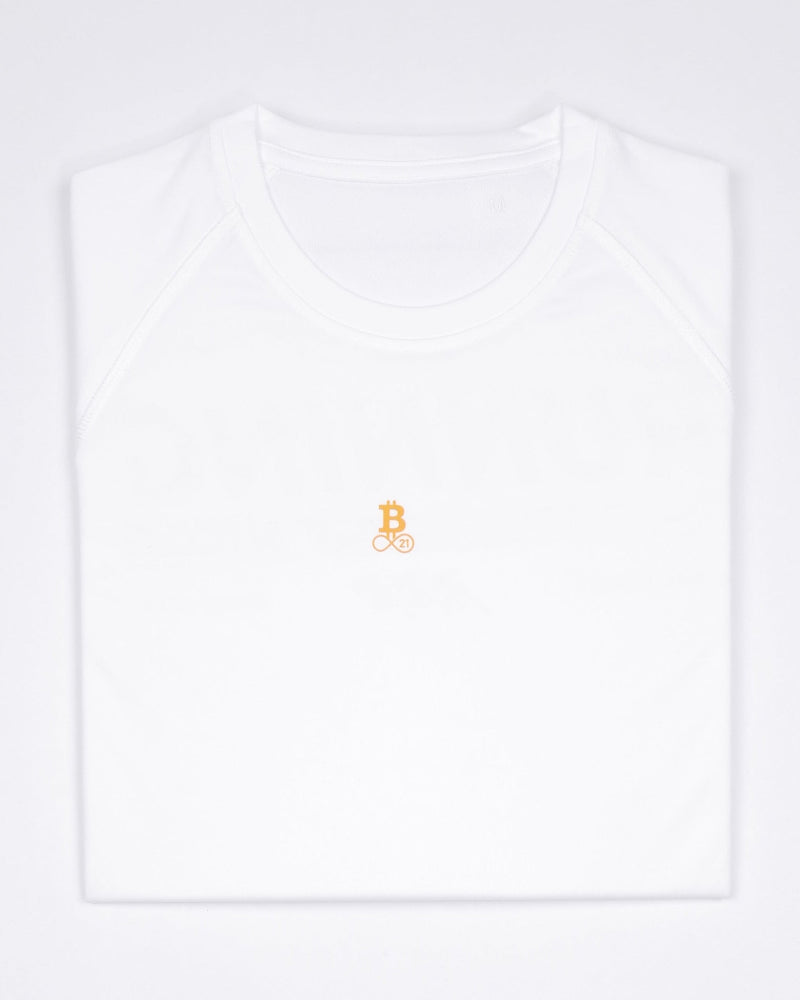 Bitcoin Running Shirt - Running Bitcoin in White laid-flat front view