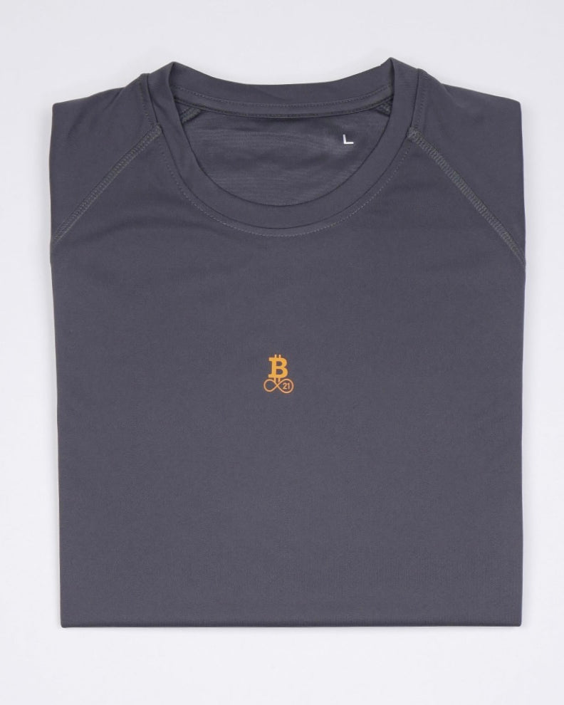 Bitcoin running shirt - Running Bitcoin in dark grey, flat lay, front