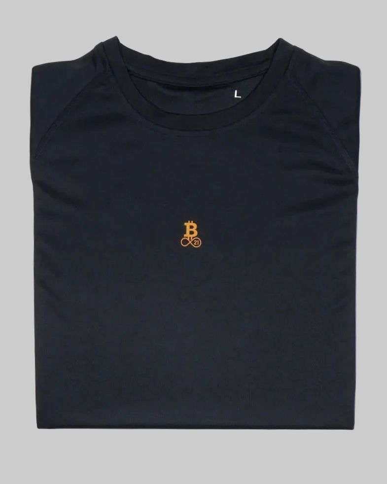Bitcoin Running Shirt Hal Finney in Black, folded front with a small orange Bitcoin21 logo