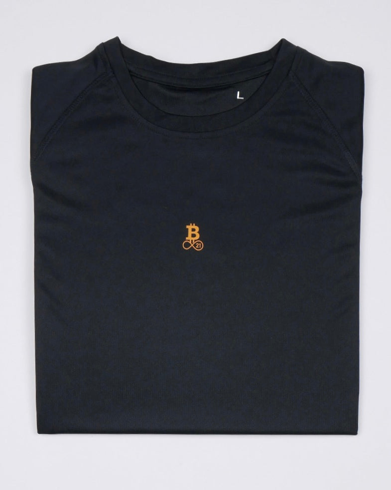 Bitcoin running shirt - Running Bitcoin in black, flat lay, front