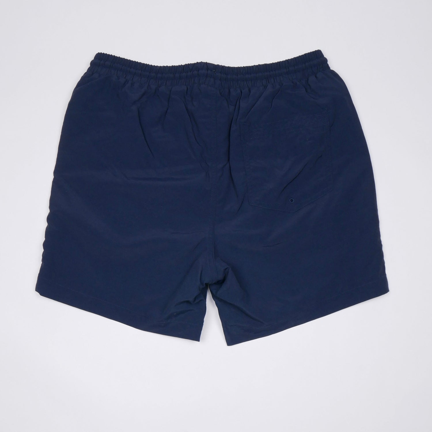 Costume da bagno Bitcoin da uomo con logo ricamato in blu navy stesa vista posteriore
