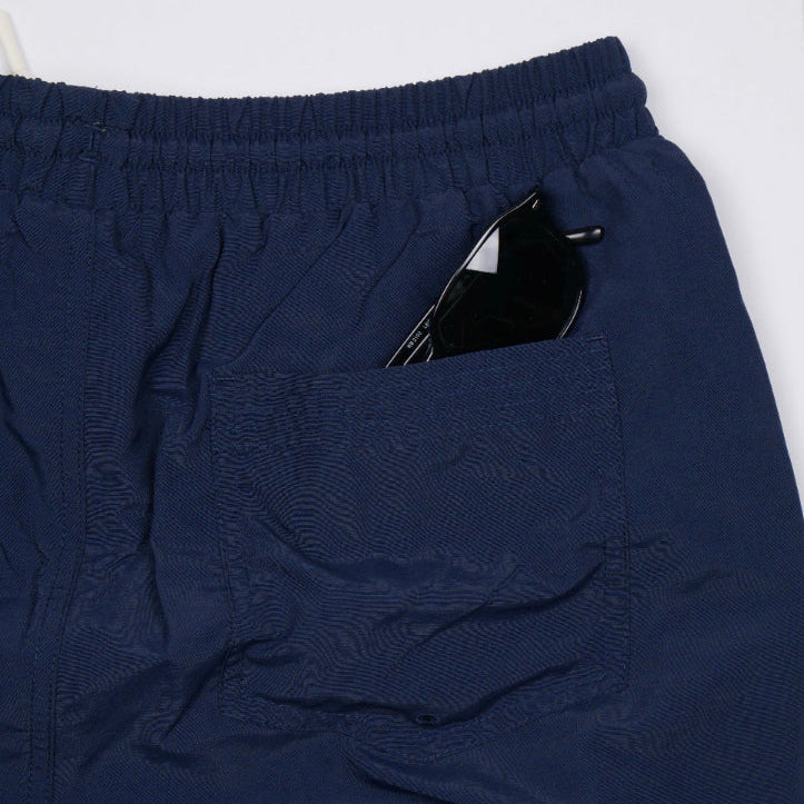 Bitcoin men's swim shorts, detail of the back pocket with embroidered eyelet