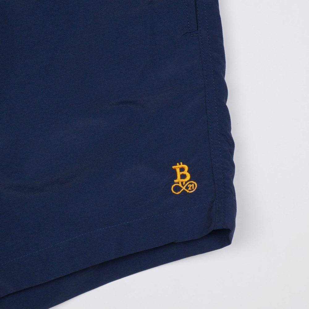 Costume da bagno Bitcoin da uomo, dettaglio del logo Bitcoin21 ricamato in arancione