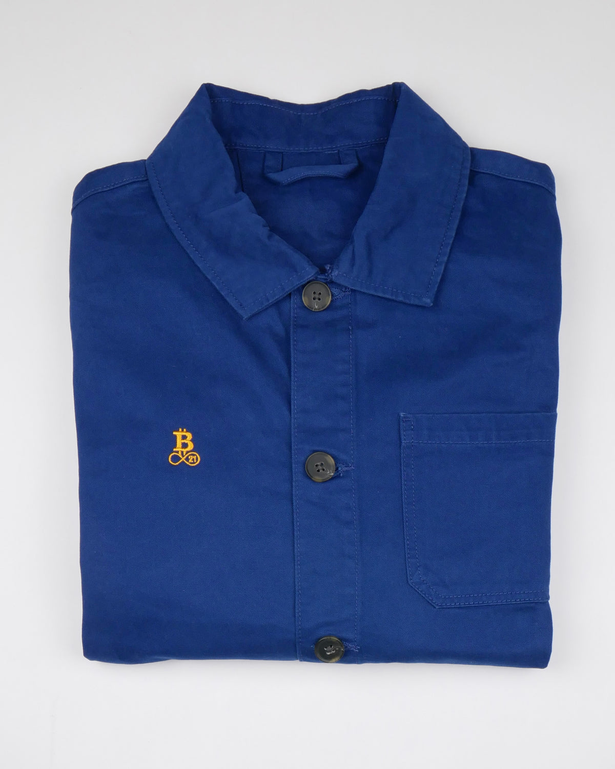Bitcoin Worker Jacket in Washed Indigo – GOTS-Bio-Baumwoll-Twill mit gesticktem Bitcoin21-Logo