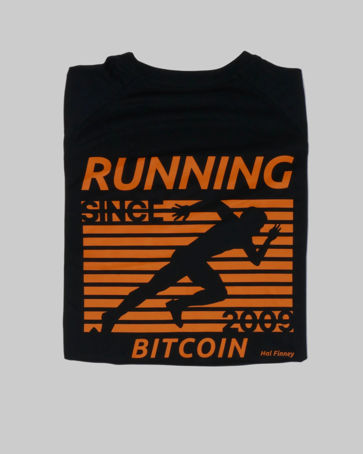Bitcoin Running Shirt Hal Finney in Black, back print with an orange runner, RUNNING BITCOIN, 2009 and Hal Finney