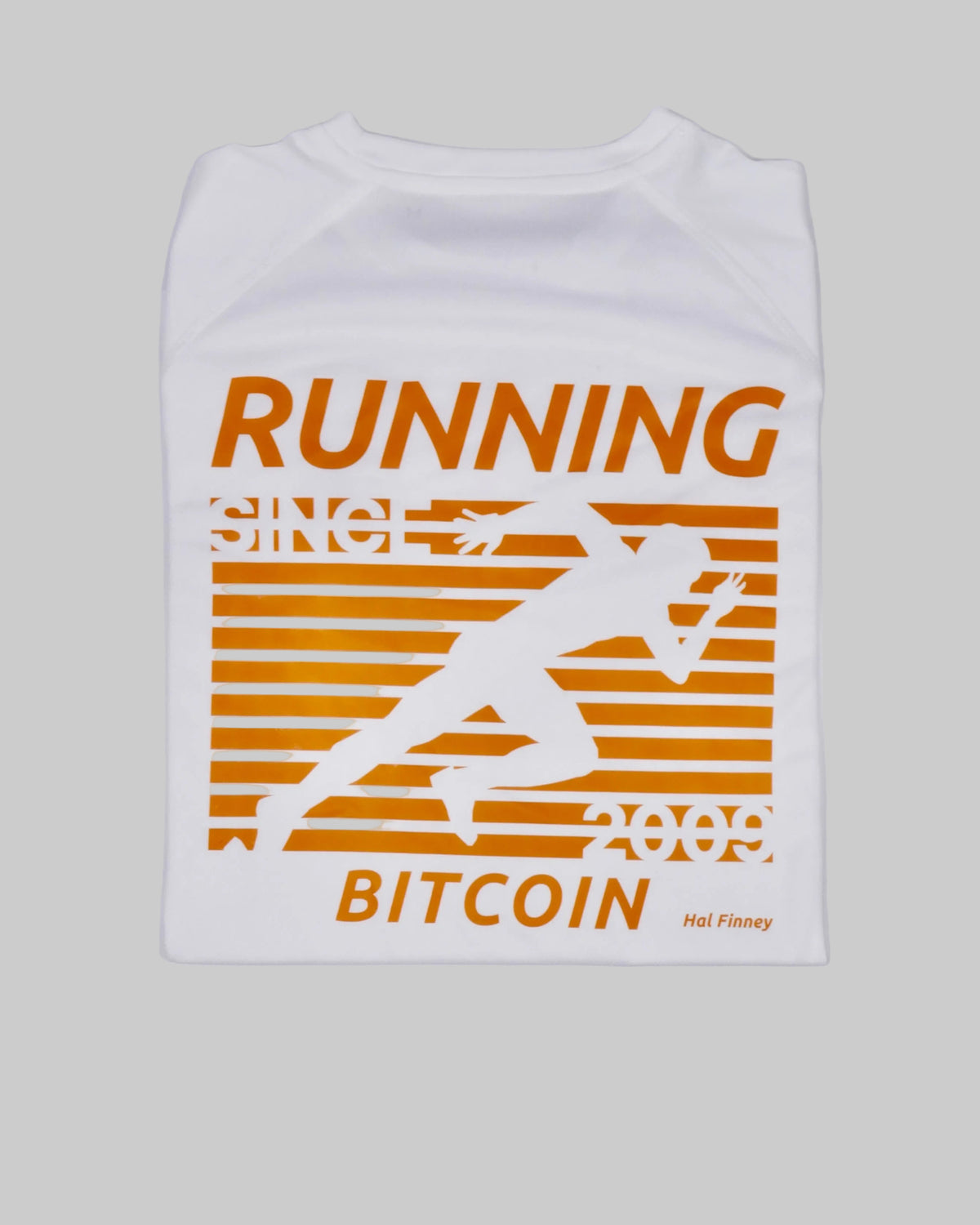 Bitcoin Running Shirt Hal Finney in White, back print with an orange runner, RUNNING BITCOIN, 2009 and Hal Finney