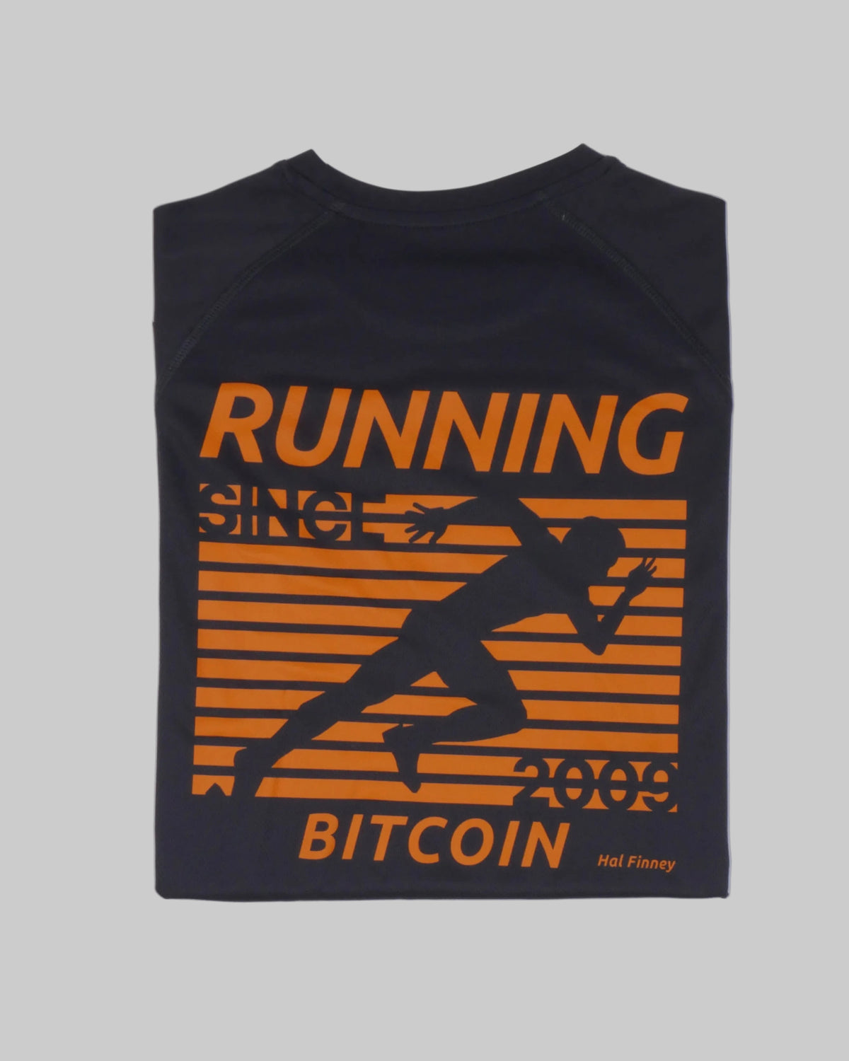 Bitcoin Running Shirt Hal Finney in Charcoal, back print with an orange runner, RUNNING BITCOIN, 2009 and Hal Finney