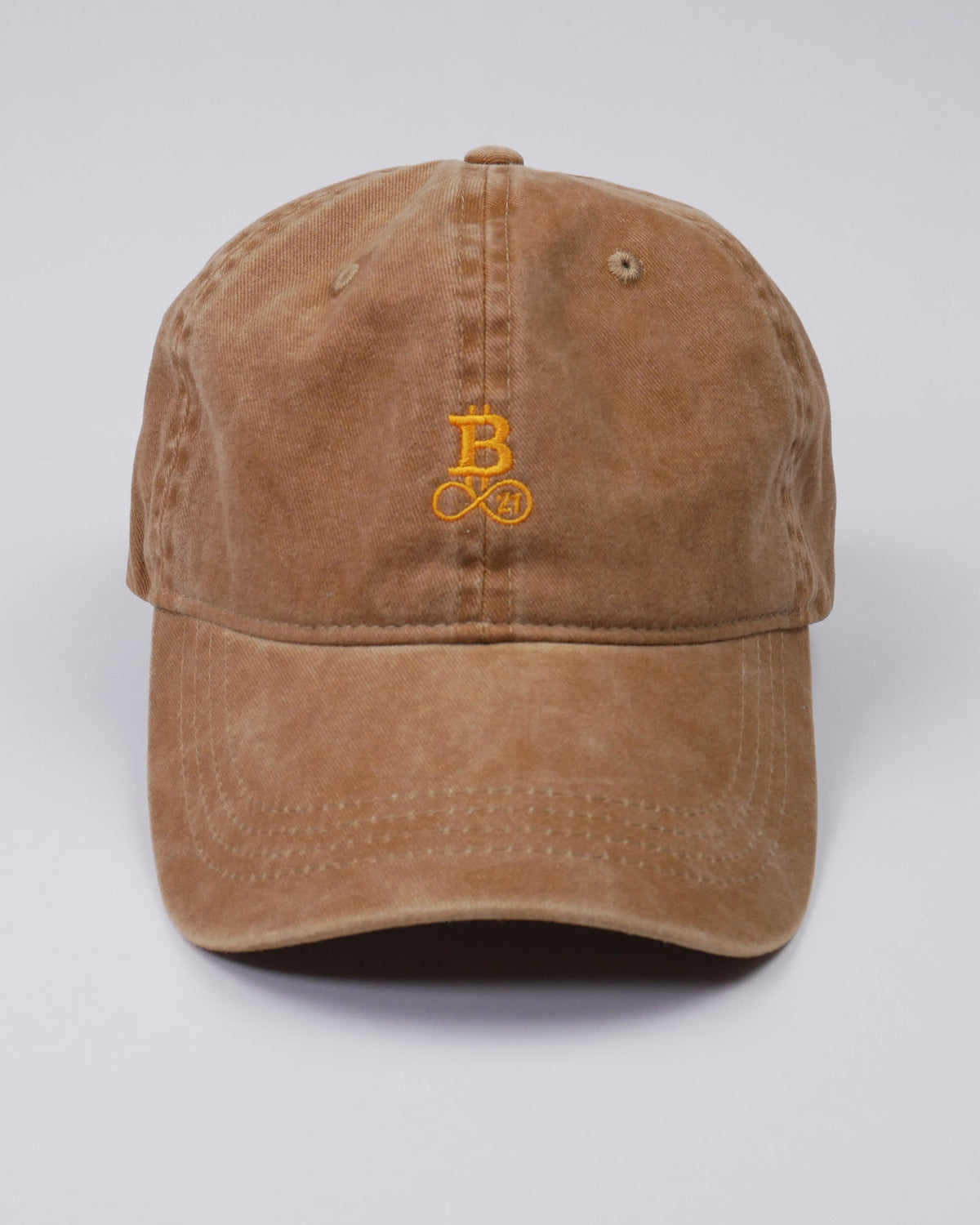 Washed Bitcoin cap made from organic cotton in beige, front view, studio shot