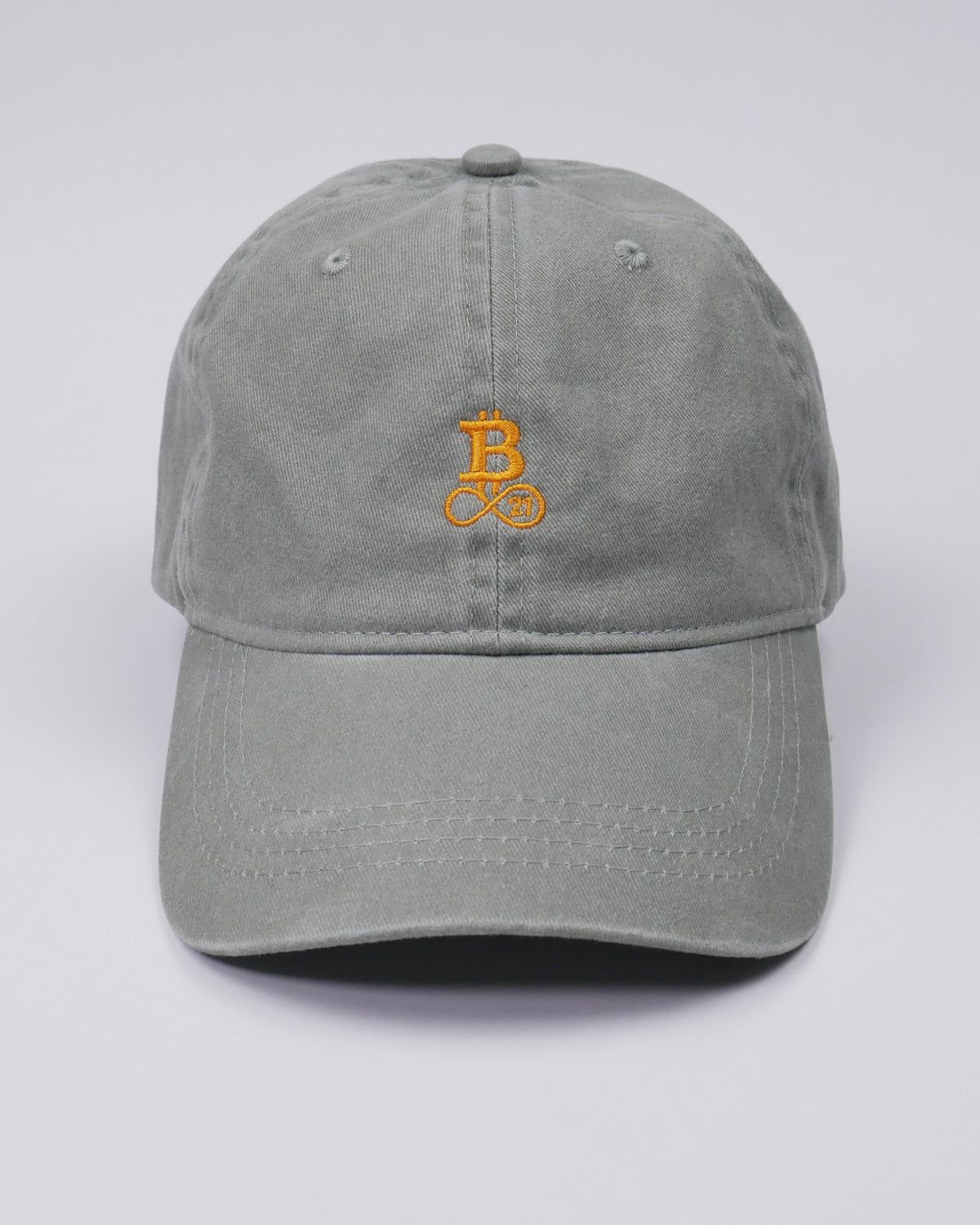 Washed Bitcoin cap made from organic cotton in khaki, front view, studio shot