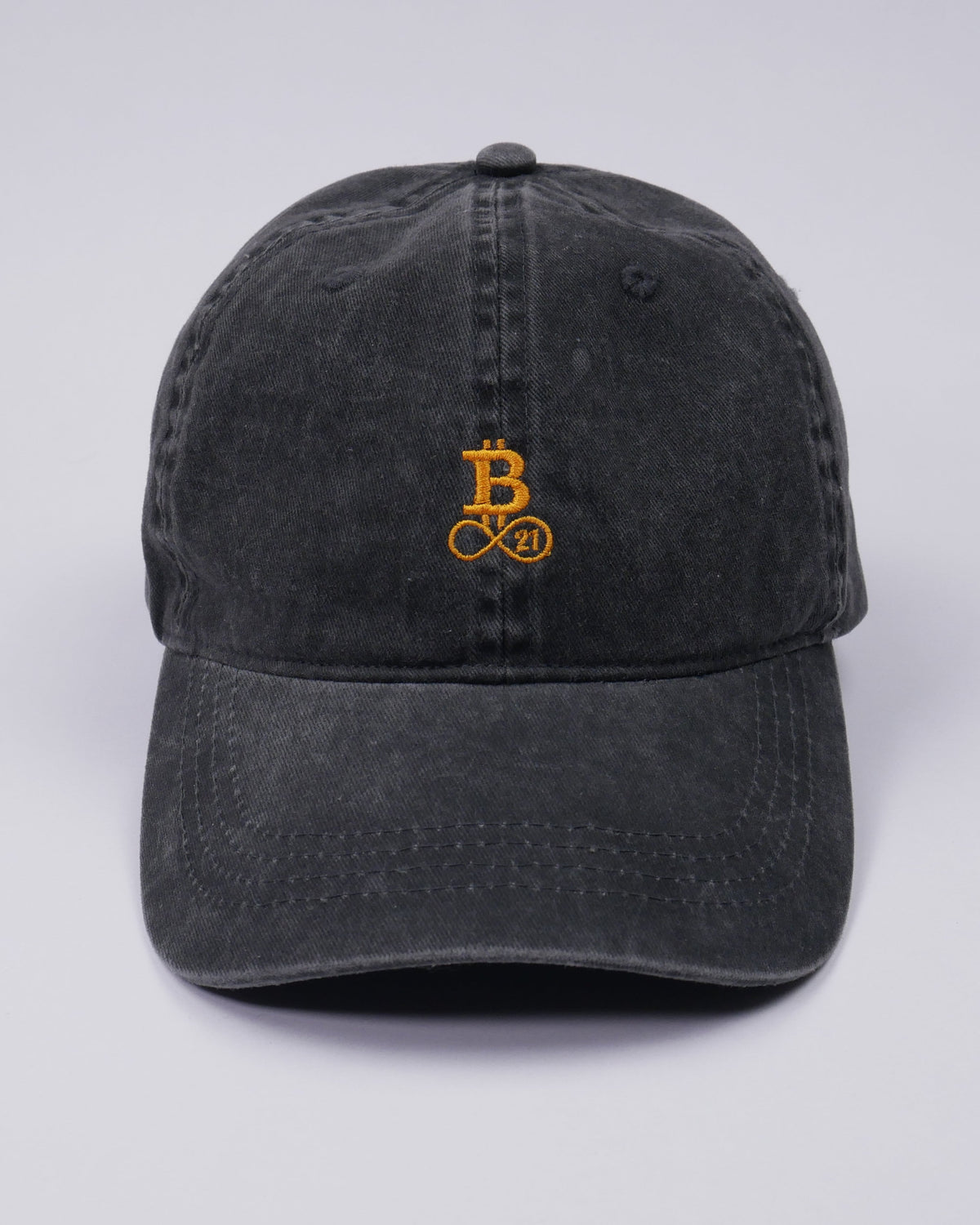 Washed Bitcoin cap made from organic cotton in black, front view, studio shot