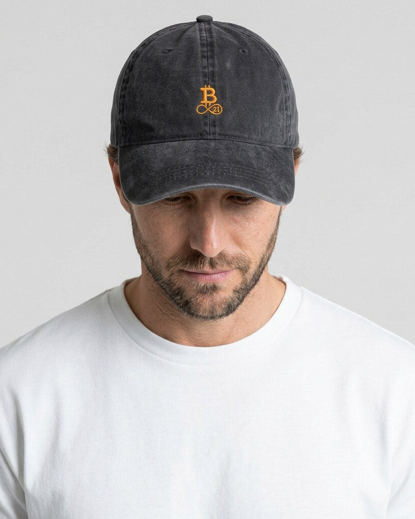 Washed Bitcoin cap in black, worn by a model, relaxed everyday fit