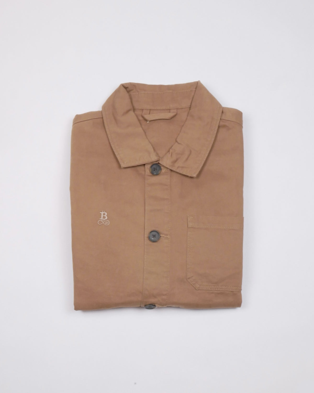 Bitcoin Worker Jacket Privacy in Washed Dark Camel, folded front view with tone-on-tone embroidered Bitcoin21 logo