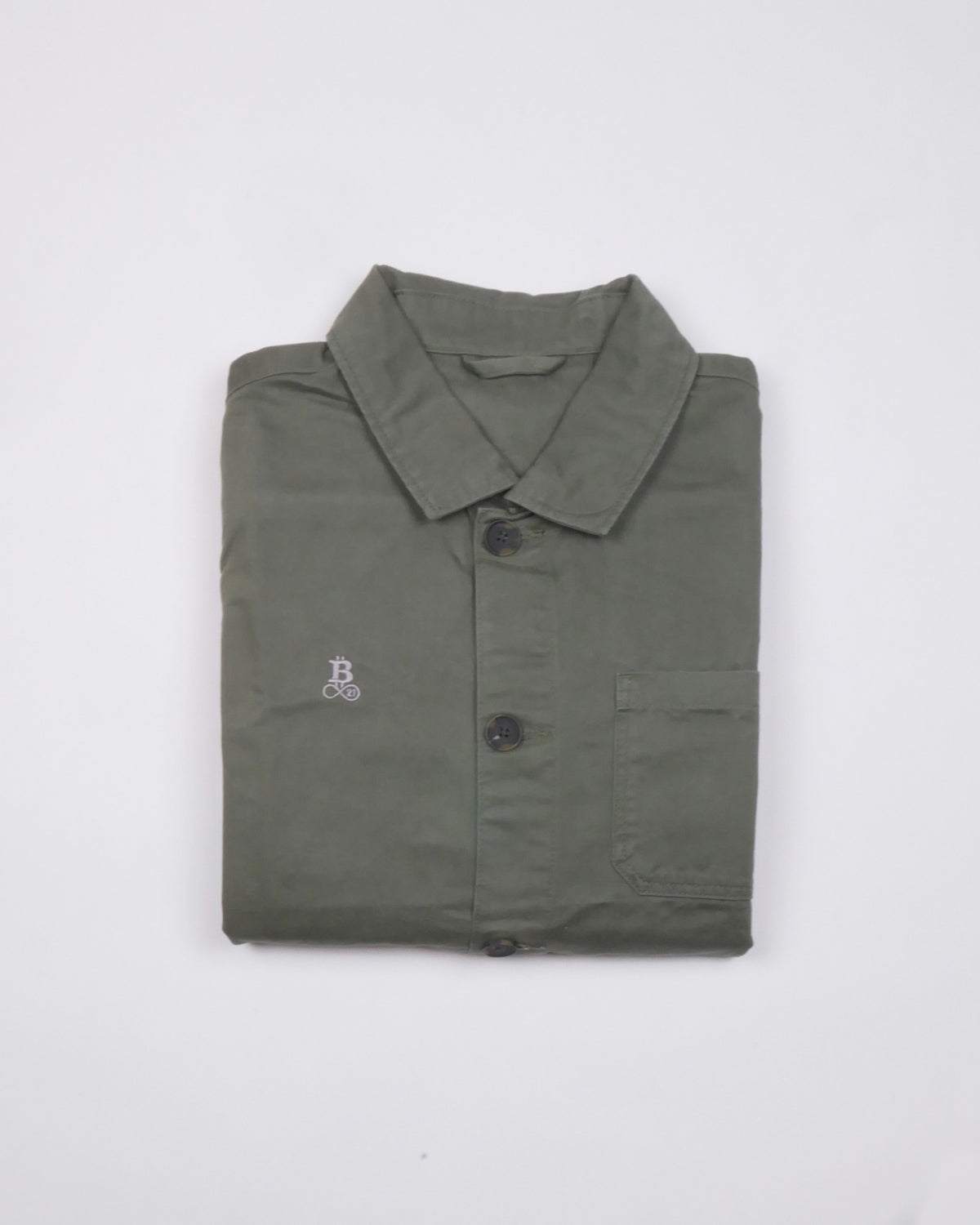 Bitcoin Worker Jacket Privacy in Washed Organic Khaki, folded front view with tone-on-tone embroidered Bitcoin21 logo