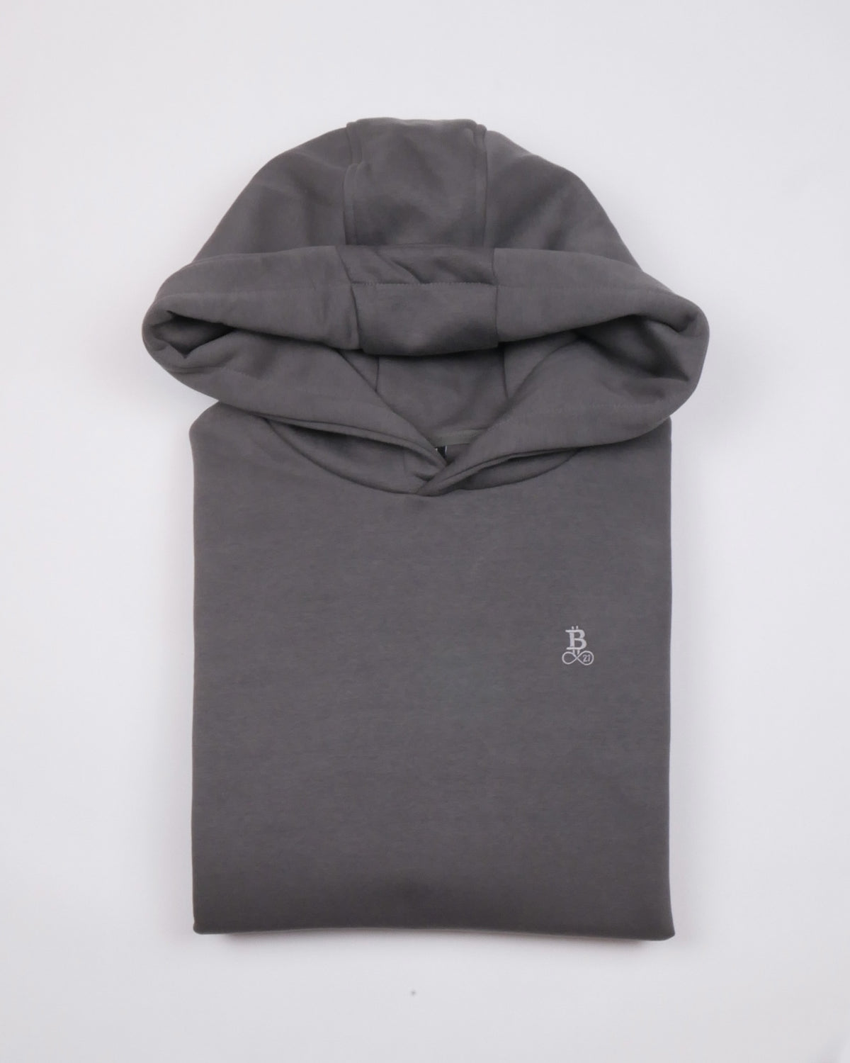 Bitcoin Oversized Hoodie Privacy in Dark Grey, folded front view with tone-on-tone embroidered Bitcoin21 logo