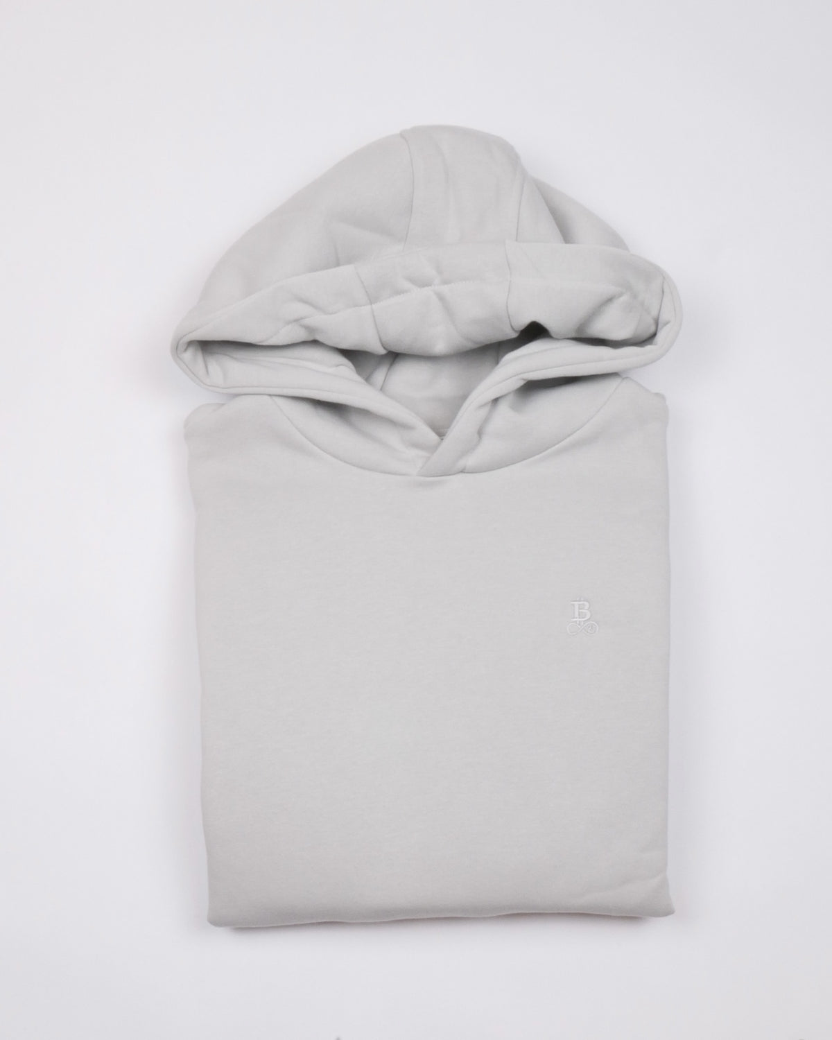 Bitcoin Oversized Hoodie Privacy in Light Grey, folded front view with tone-on-tone embroidered Bitcoin21 logo