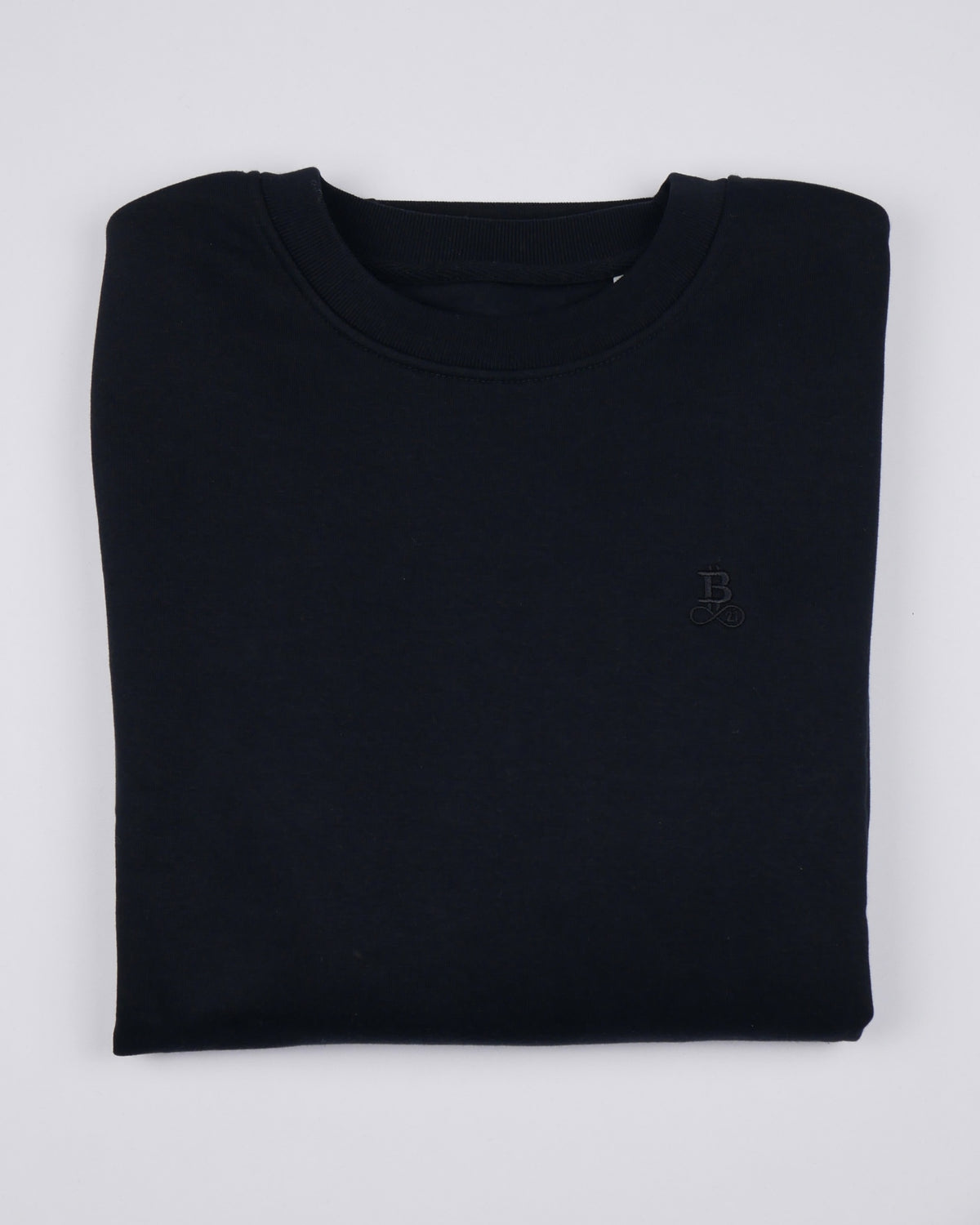 Bitcoin Sweatshirt Privacy in Black, folded front view with tone-on-tone embroidered Bitcoin21 logo