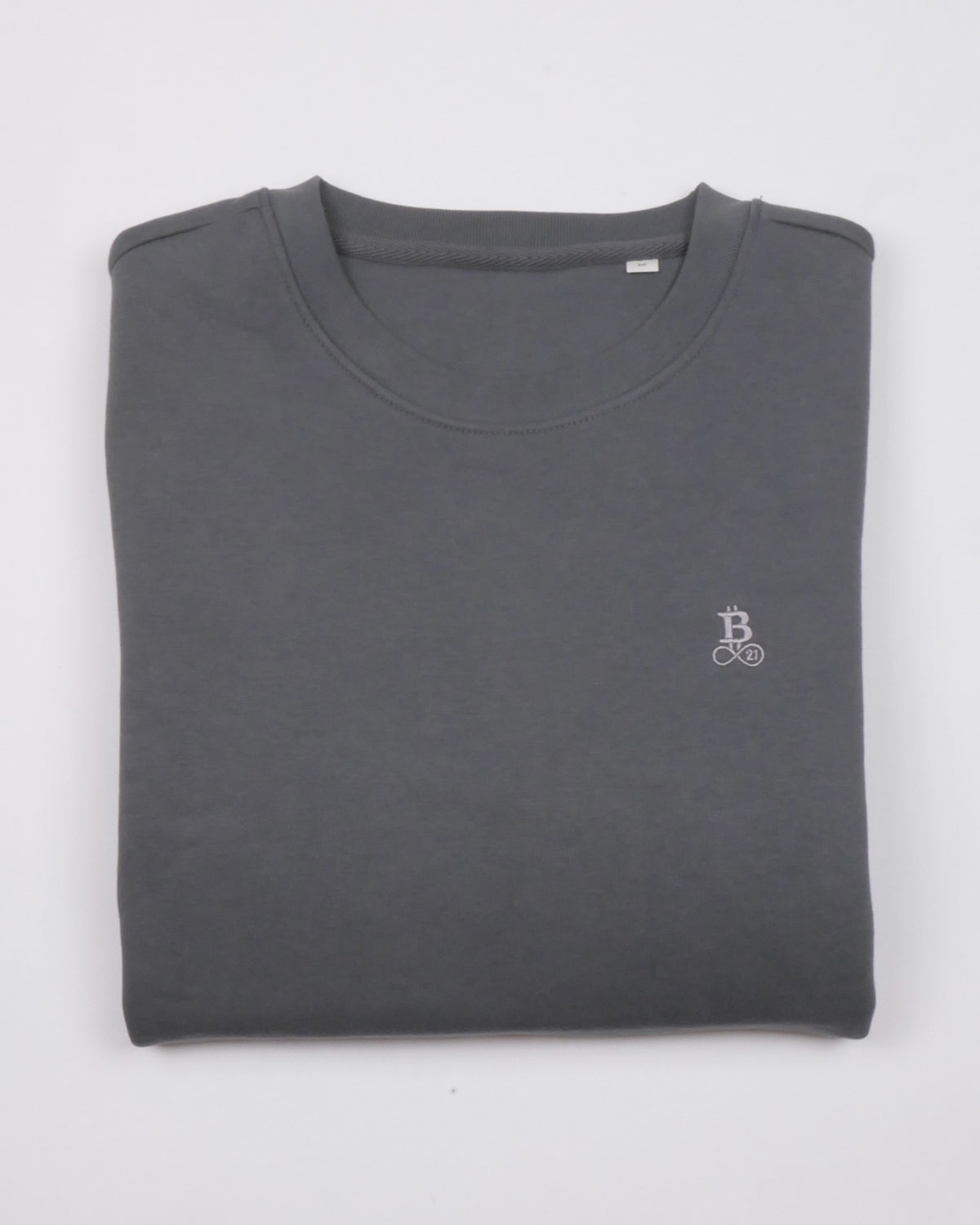 Bitcoin Sweatshirt Privacy in Dark Grey, folded front view with tone-on-tone embroidered Bitcoin21 logo