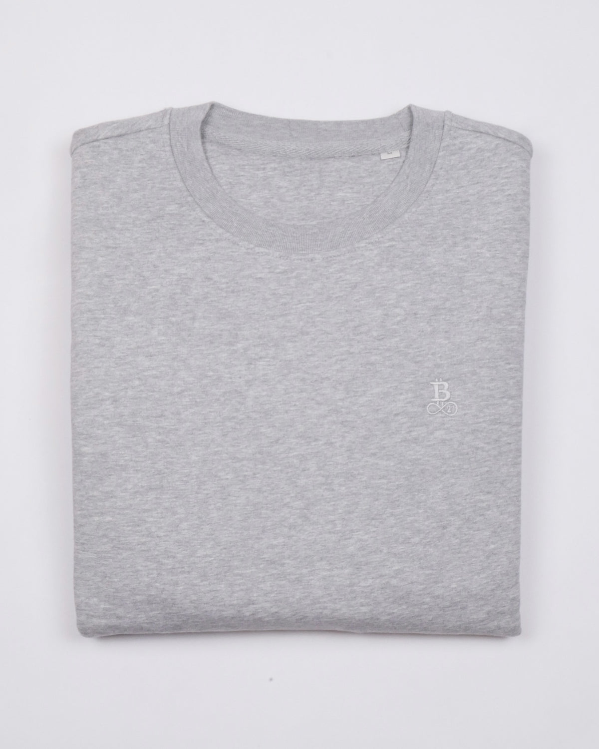 Bitcoin Sweatshirt Privacy in Light Grey, folded front view with tone-on-tone embroidered Bitcoin21 logo