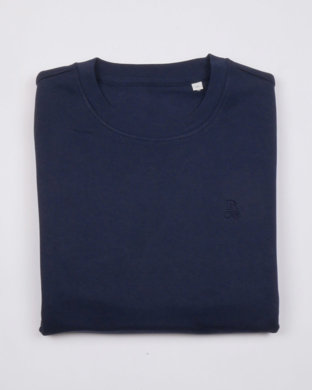 Bitcoin Sweatshirt Privacy in Navy, folded front view with tone-on-tone embroidered Bitcoin21 logo