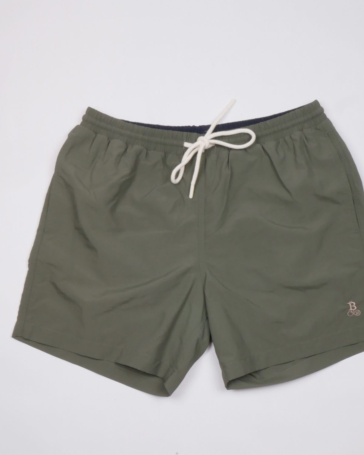 Bitcoin Swim Trunks Privacy in Khaki, flat lay front view, tone-on-tone Bitcoin21 logo on the leg