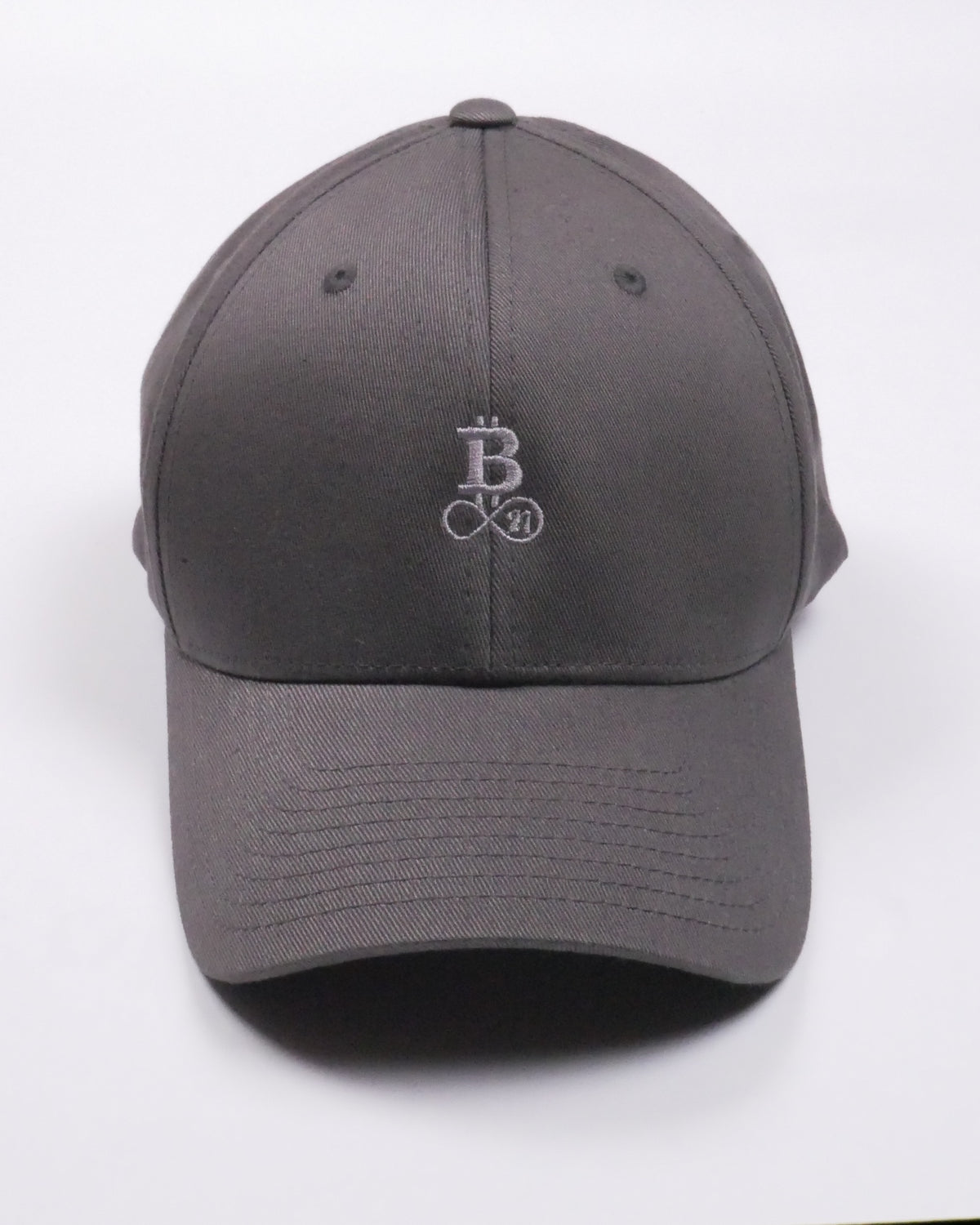 Bitcoin Cap Privacy in Dark Grey, front view with tone-on-tone embroidered Bitcoin21 logo on the front panel
