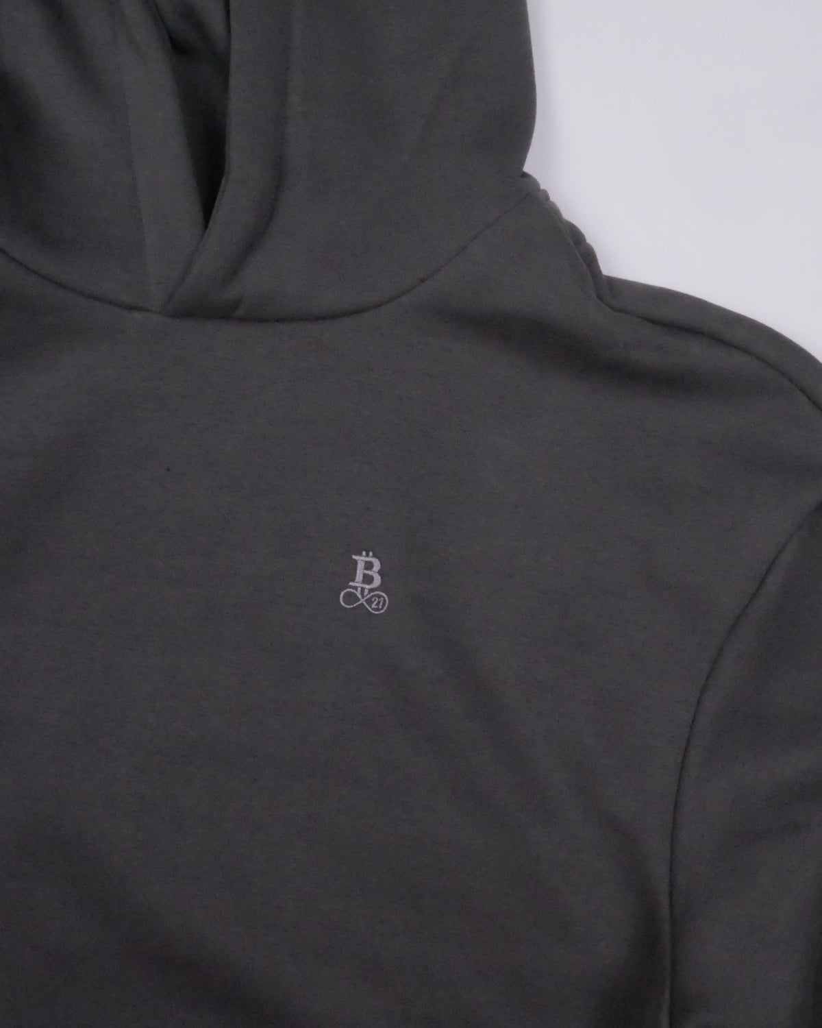Bitcoin Oversized Hoodie Privacy in Dark Grey, detail of hood and shoulder