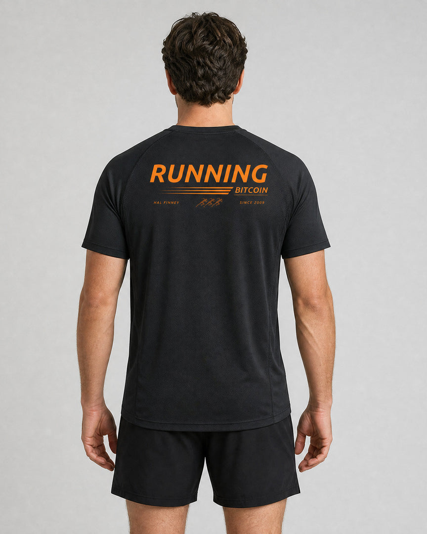 Man wearing the Bitcoin Running Shirt in black, back print RUNNING BITCOIN with Hal Finney and Since 2009