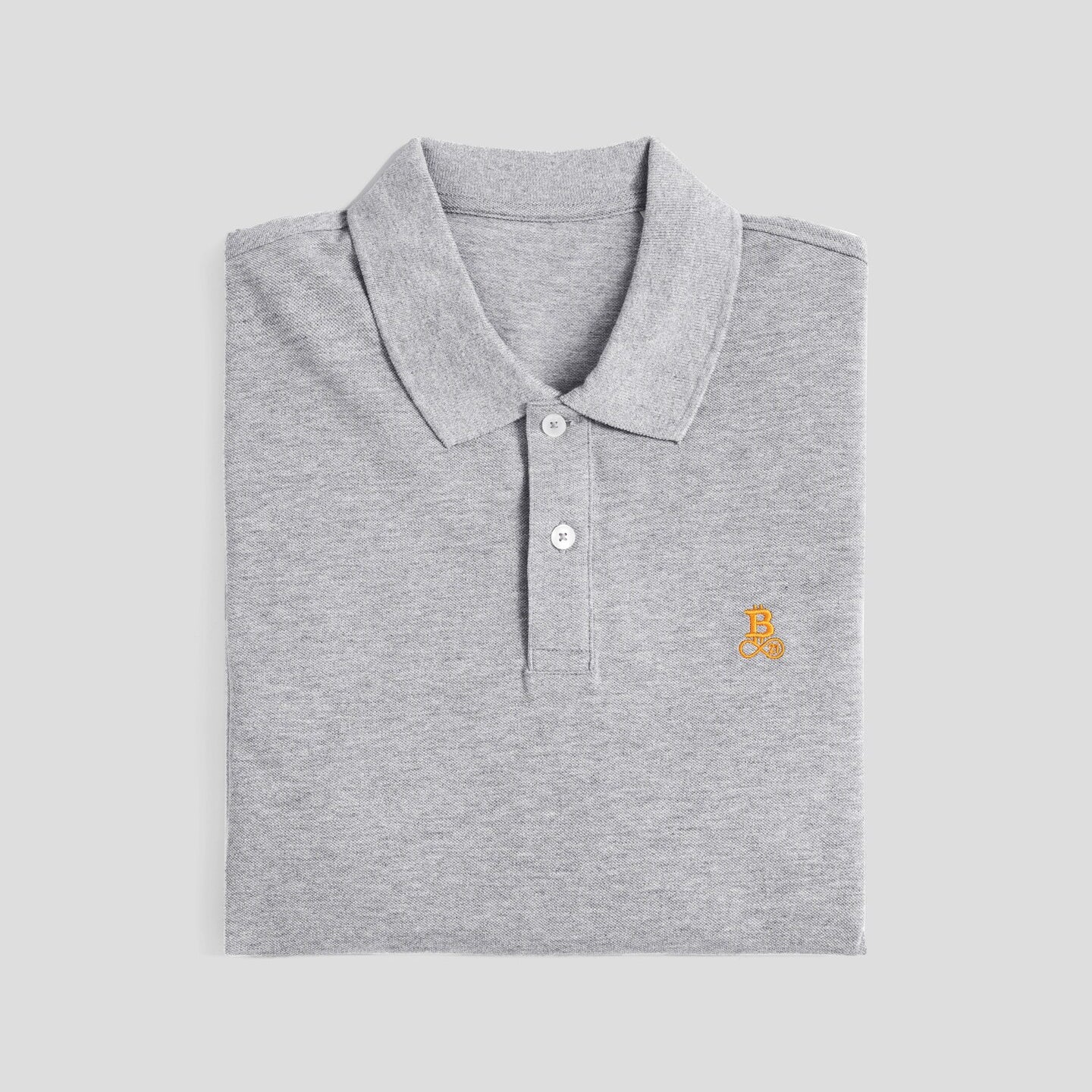 Bitcoin Poloshirt in hellgrau für Herren aus hochwertiger Baumwolle mit orangefarbenem gesticktem Bitcoin21 Logo