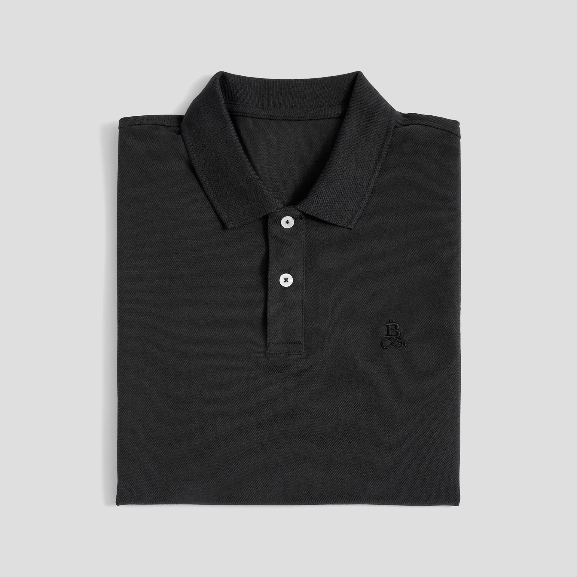 Polo Bitcoin Privacy - Black da uomo in cotone con logo Bitcoin21 ricamato tono su tono, polo classica piegata su fondo chiaro