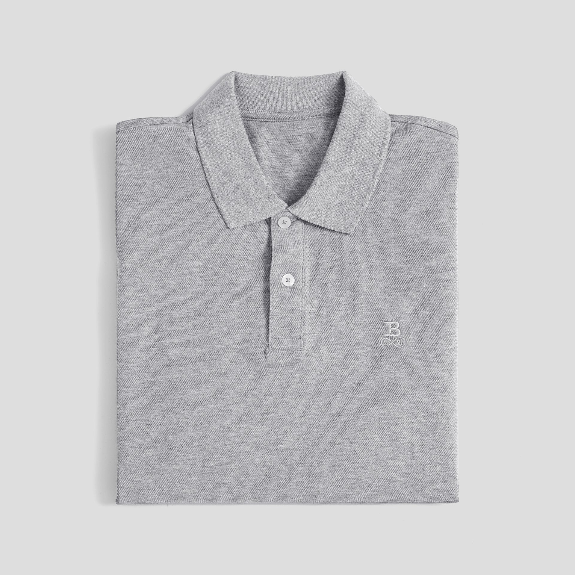 Polo Bitcoin Privacy - Grey da uomo in cotone con logo Bitcoin21 ricamato tono su tono, polo classica piegata su fondo chiaro