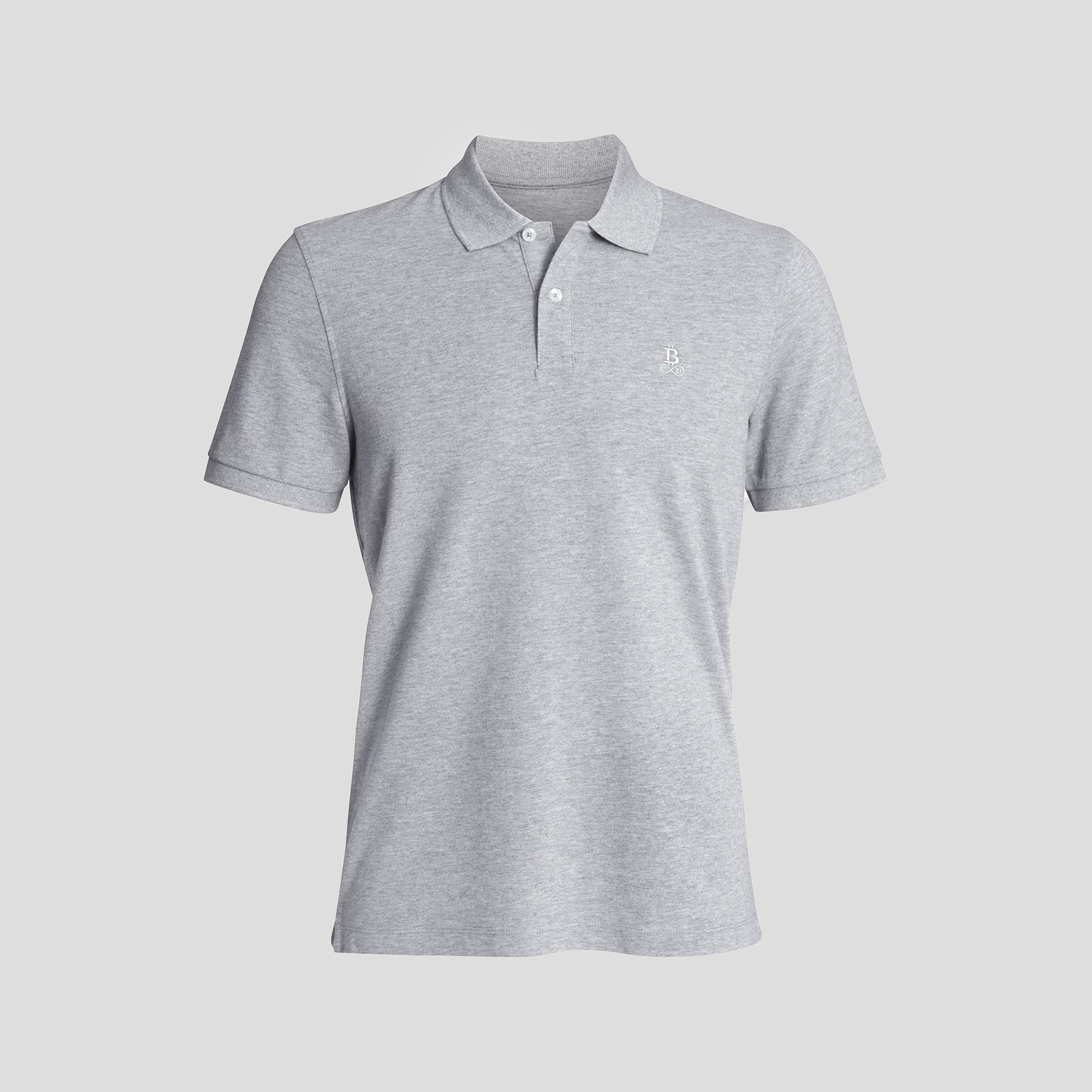 Bitcoin Polo Privacy in Grau für Herren aus Bio Baumwolle mit ton in ton gesticktem Bitcoin21 Logo, klassisches Poloshirt freigestellt vor hellem Hintergrund