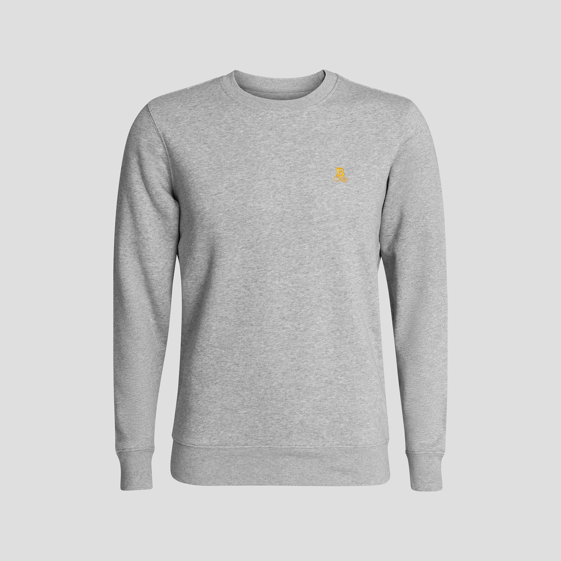Bitcoin Sweatshirt grau meliert für Herren aus schwerem Bio Baumwollmix mit orangefarbenem Bitcoin21 Logo, klassischer Rundhals Sweater freigestellt vor hellem Hintergrund