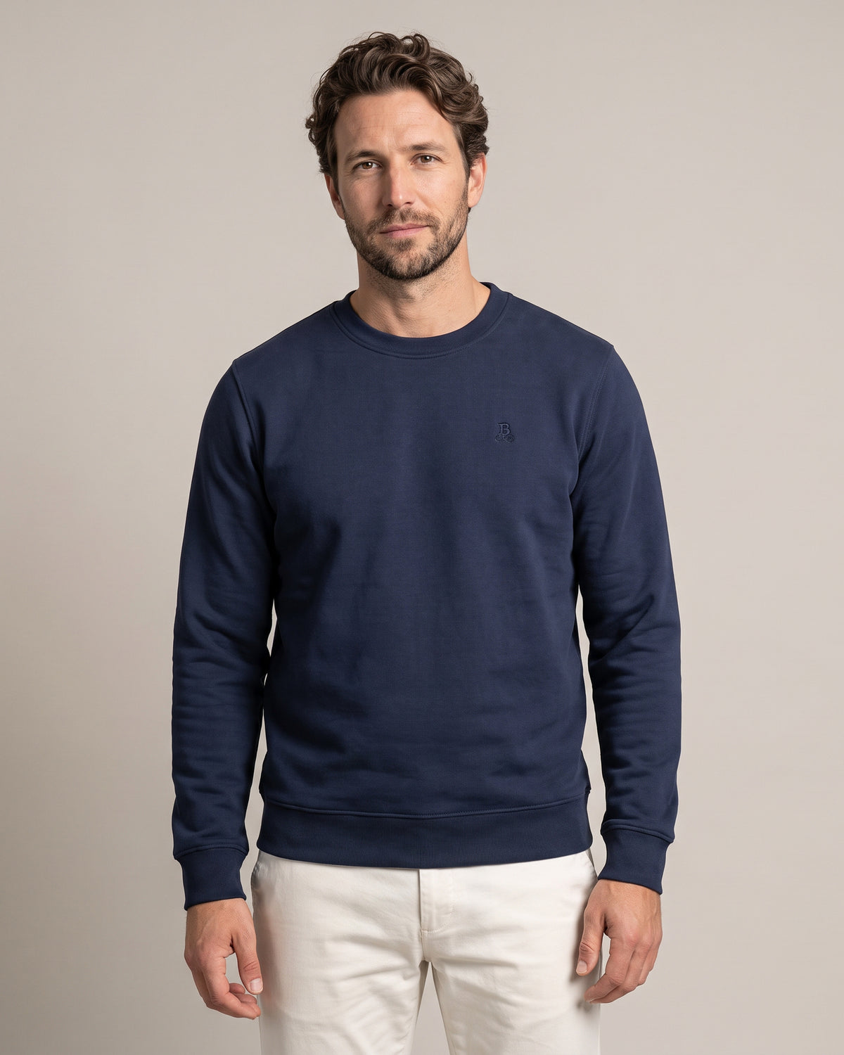 Bitcoin Sweatshirt Privacy in Navy, worn, front view with tone-on-tone embroidered Bitcoin21 logo