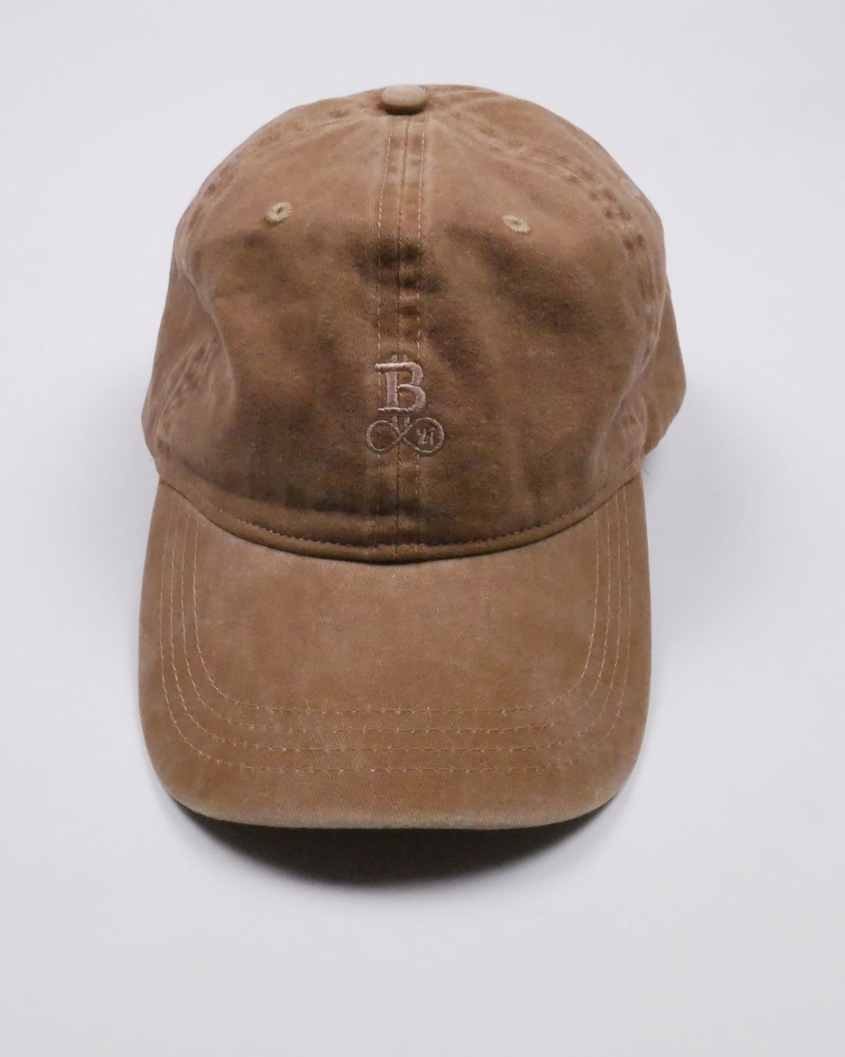 Washed Bitcoin Cap Privacy in Dark Camel, front view with tone-on-tone embroidered Bitcoin21 logo on the front panel