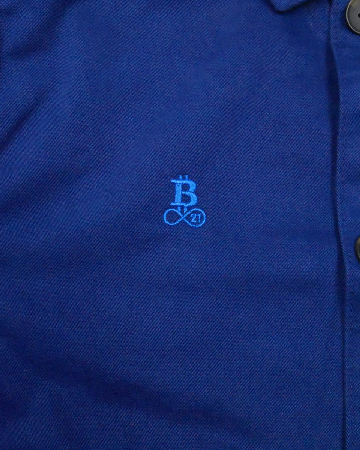 Bitcoin Worker Jacket Privacy in Washed Indigo, close-up of the tone-on-tone embroidered Bitcoin21 logo