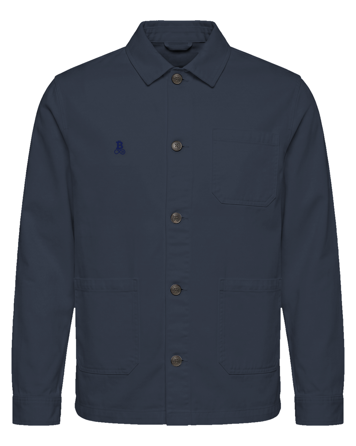 Bitcoin Worker Jacket Privacy in Washed Navy Blue, product view from the front with tone-on-tone embroidered Bitcoin21 logo